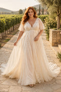 Plus Size V-Neck Flutter Sleeve Lace A-Line Wedding Dress with Sweep Train front view