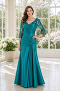 Teal Sweetheart Three-Quarter Sleeve Mermaid Chiffon Floor-Length Dress With Lace Bodice