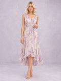 Lavender Field Print V-Neck High Low Chiffon Dress front view