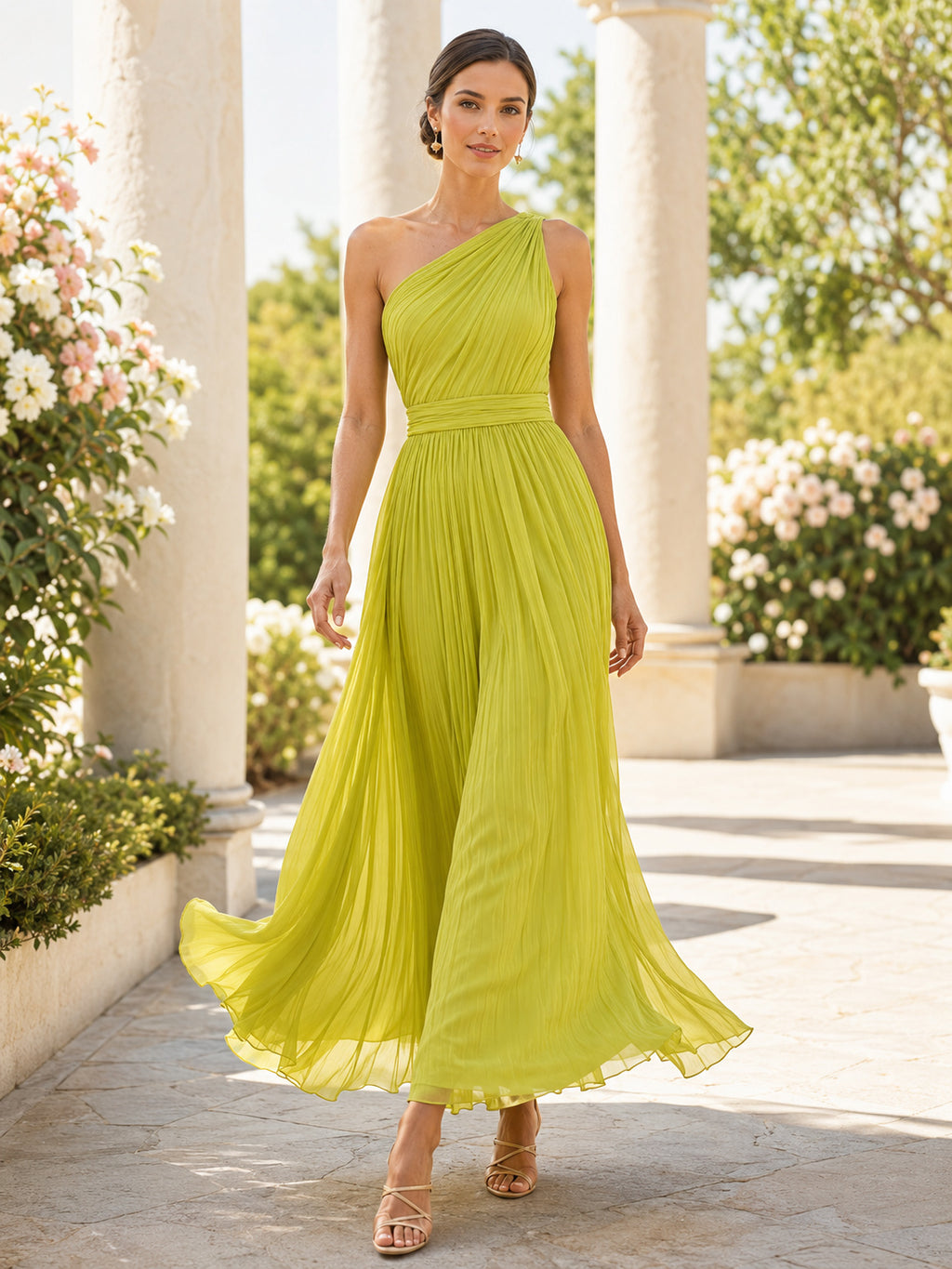 Chartreuse One Shoulder Pleated Chiffon Ankle Length A Line Dress front view