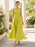 Chartreuse One Shoulder Pleated Chiffon Ankle Length A Line Dress front view