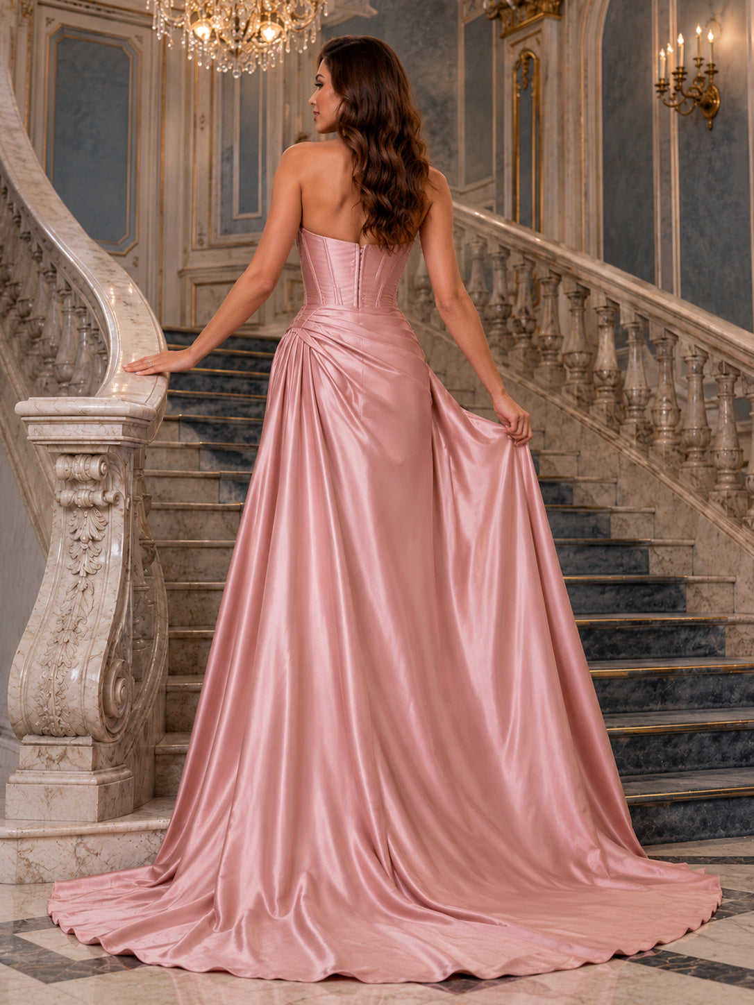 Dusty Pink Sweetheart Draped Satin A-Line Ballroom Bridal Gown back view