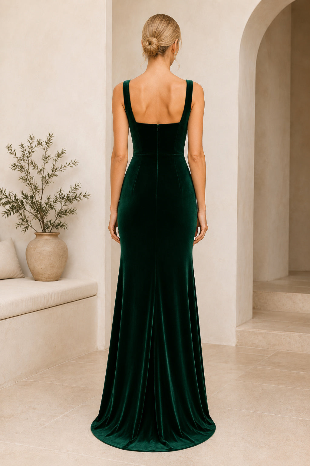 Dark Green Square Neck Velvet Sheath Evening Dress with Wide Straps and Front Slit back view
