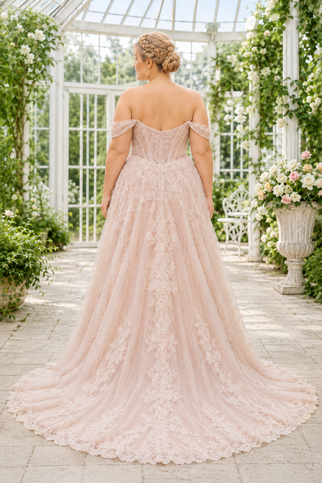 Plus Size Blushing Pink Off-the-Shoulder Flutter Sleeve Lace Tulle A-Line Wedding Dress with Lace Appliques back view