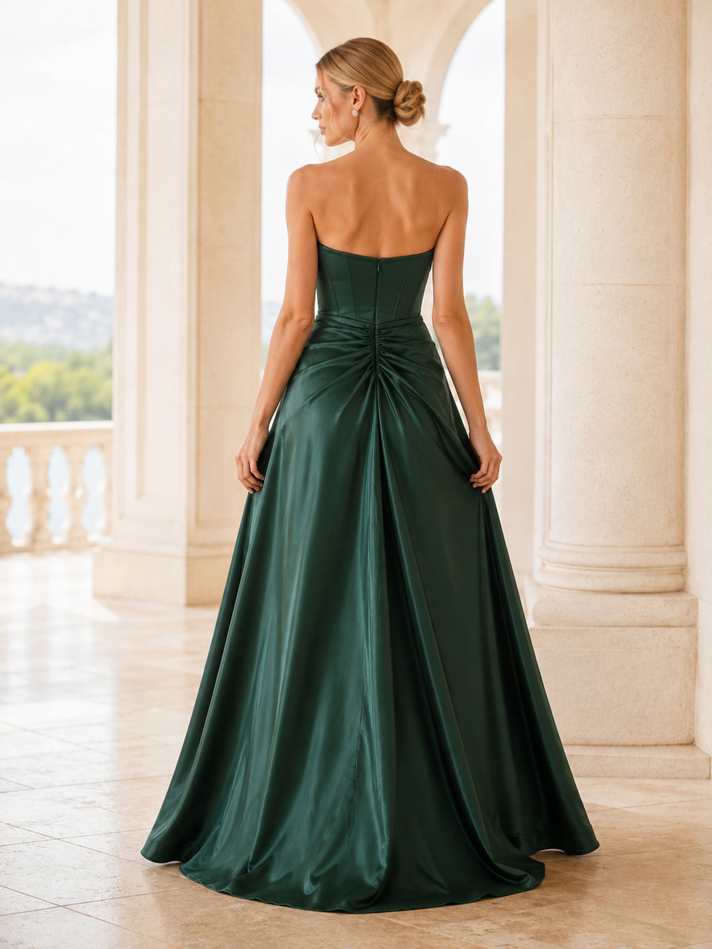 Dark Green Satin Strapless Slit A-Line Evening Dress back view