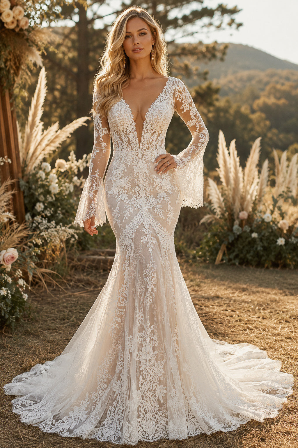 Ivory Sexy V-Neck Mermaid Allover Lace Wedding Dress with Long Bell Sleeves and Chapel Train front view