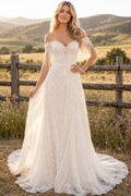 Ivory Off-the-Shoulder Lace A-Line Wedding Dress with Long Sleeves and Scalloped Train front view