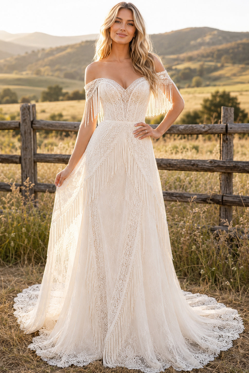 Ivory Off-the-Shoulder Lace A-Line Wedding Dress with Long Sleeves and Scalloped Train front view