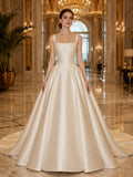 Princess Square Neck Strap Satin Ball Gown Chapel Train Destination Wedding Dress front view