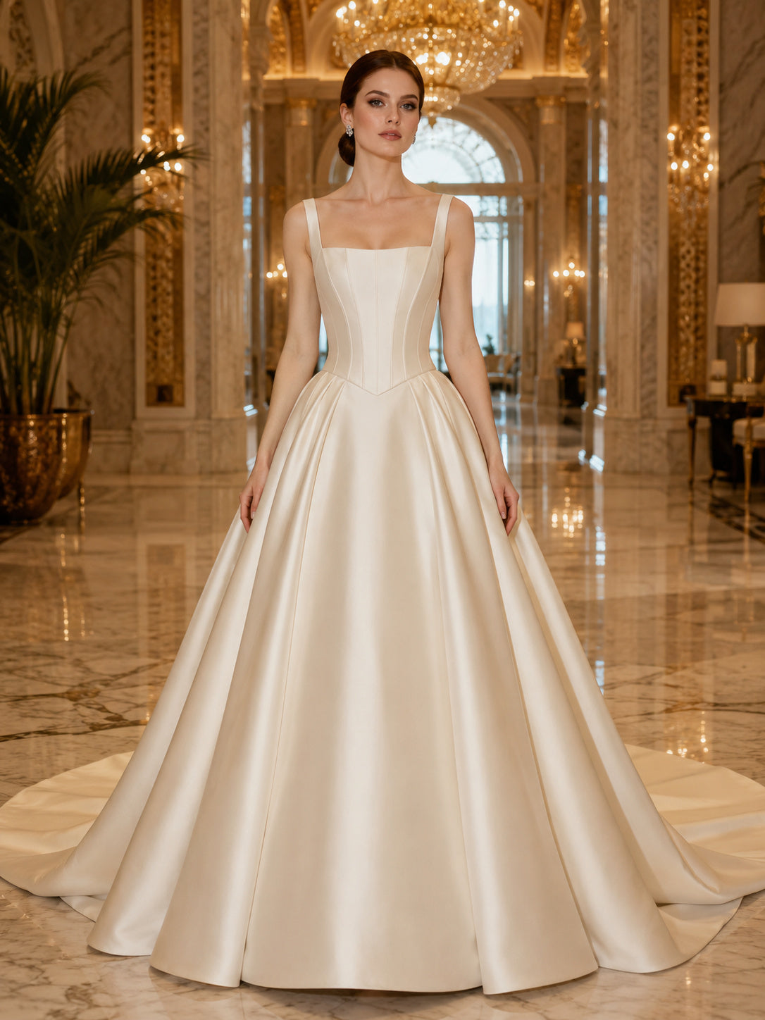 Princess Square Neck Strap Satin Ball Gown Chapel Train Destination Wedding Dress front view