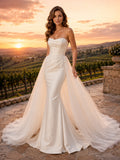 Country Satin Wedding Dress A-Line Strapless Floor Length with Slit Low V Back Bridal Gown front view