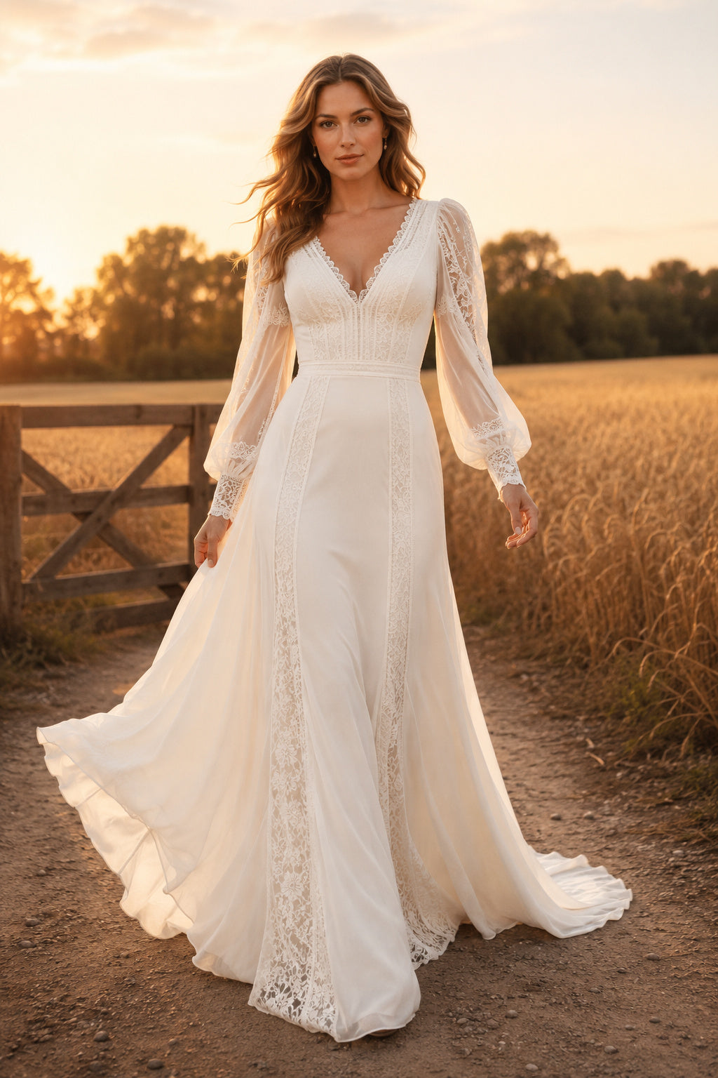 Boho V-Neck Long Sleeve Sheath Wedding Dress front view