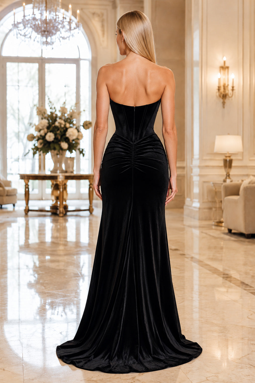 Black Strapless Black Mermaid Gown with Thigh Slit and Ruched Skirt Floor Length And Sweep/Brush Train Mermaid Trumpet Prom D