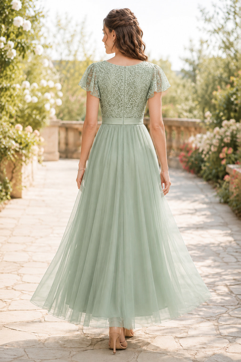 Sage V Neck Lace Cap Sleeve Bodice with Flowing Tulle Skirt Floor Length A-Line Bridesmaid Dress back view