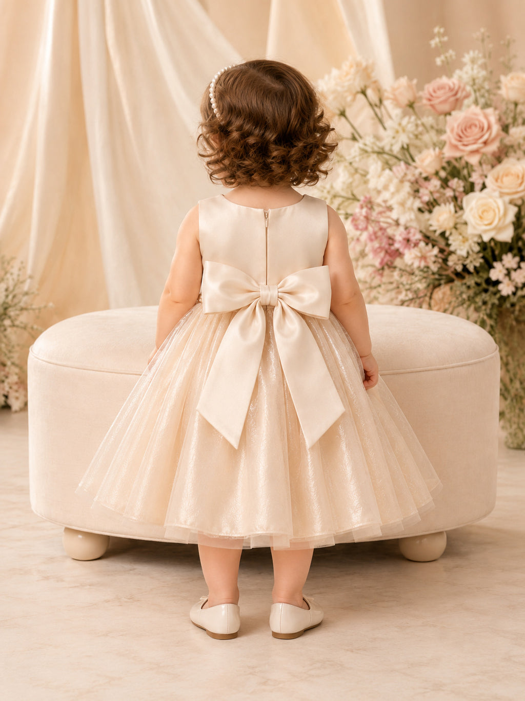 Champagne Flower Girl Dress Knee-Length A-Line Sleeveless Satin Shimmer Organza Pearl Waist Oversized Bow back view