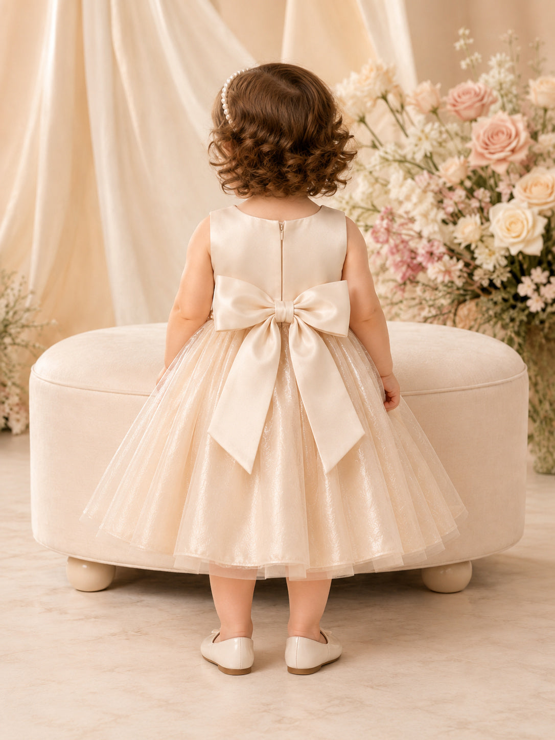 Champagne Flower Girl Dress Knee-Length A-Line Sleeveless Satin Shimmer Organza Pearl Waist Oversized Bow back view