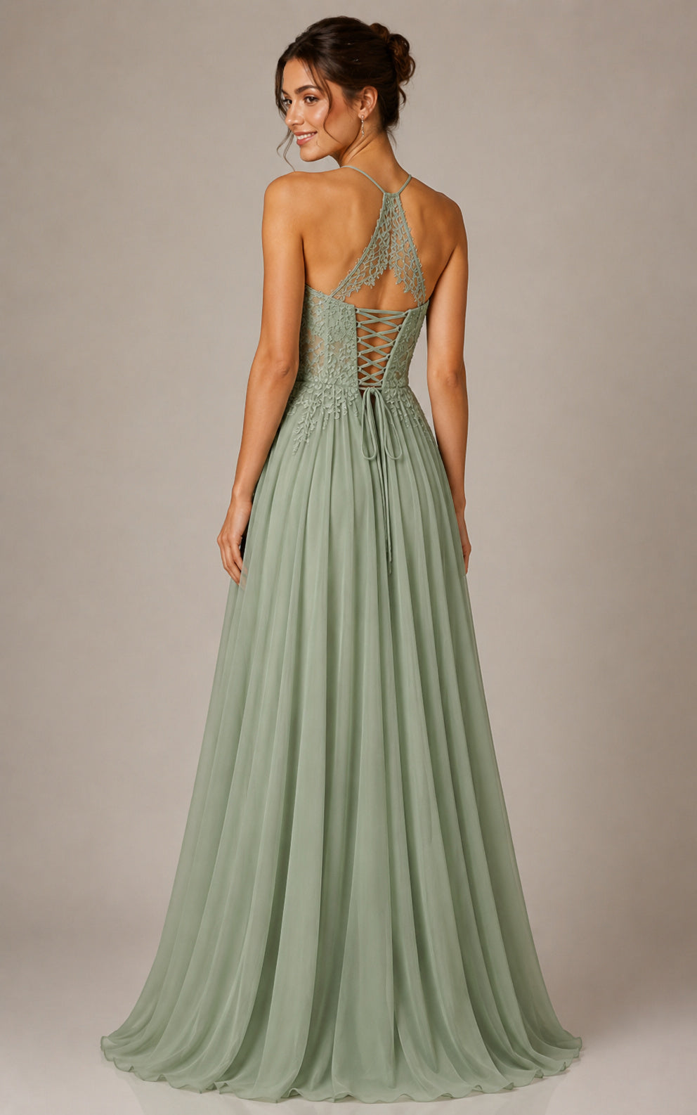 Sage Green Chiffon A-line Prom Dress with Lace Up Back Halter Lace Bodice back view