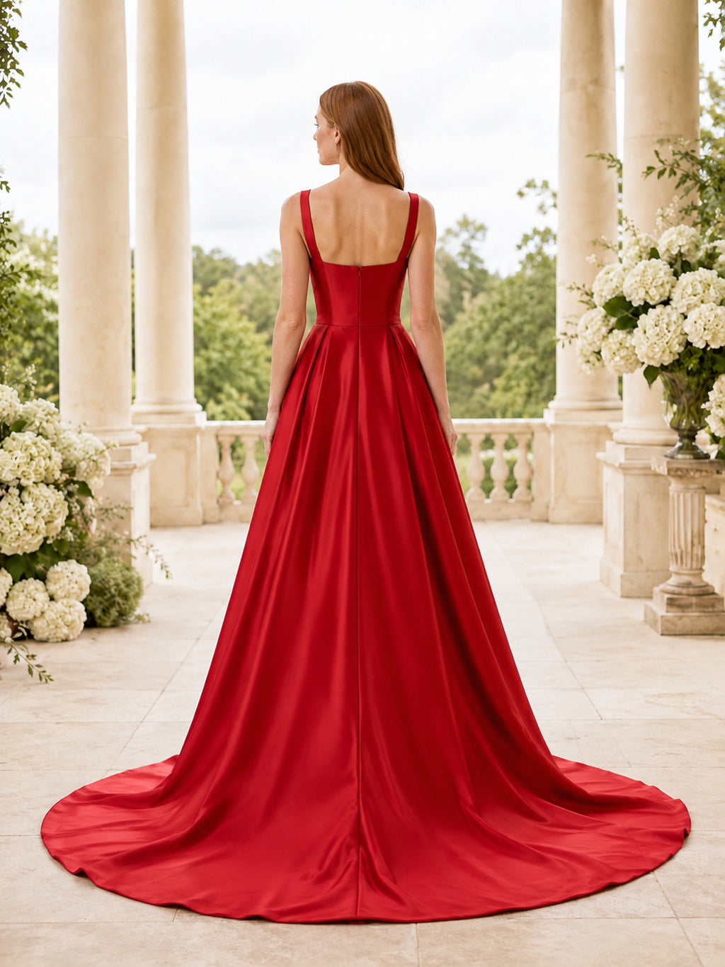 Red Square Neck Strap Satin A-Line Modern Wedding Gown back view