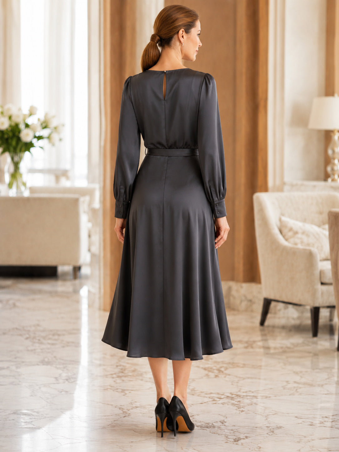 Charcoal Cowl Neck Long Sleeve Satin Memorial Midi Dress back view