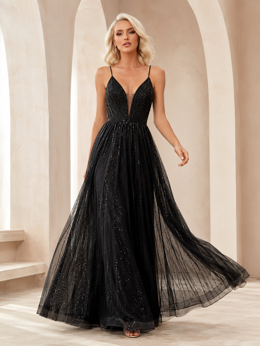 Black Glitter Graduation A Line Floor Length Spaghetti Deep V Backless Gown front view