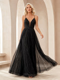 Black Glitter Graduation A Line Floor Length Spaghetti Deep V Backless Gown front view