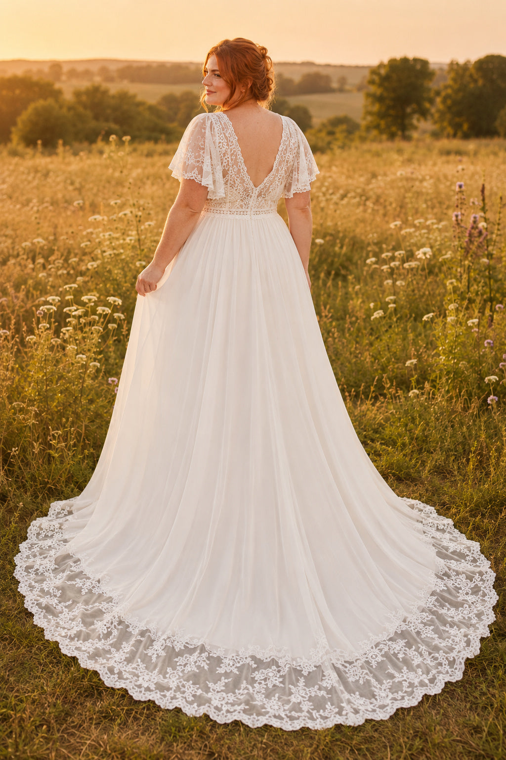Ivory Plus Size V-Neck Boho Lace A-Line Wedding Dress with Flutter Sleeves and Train back view