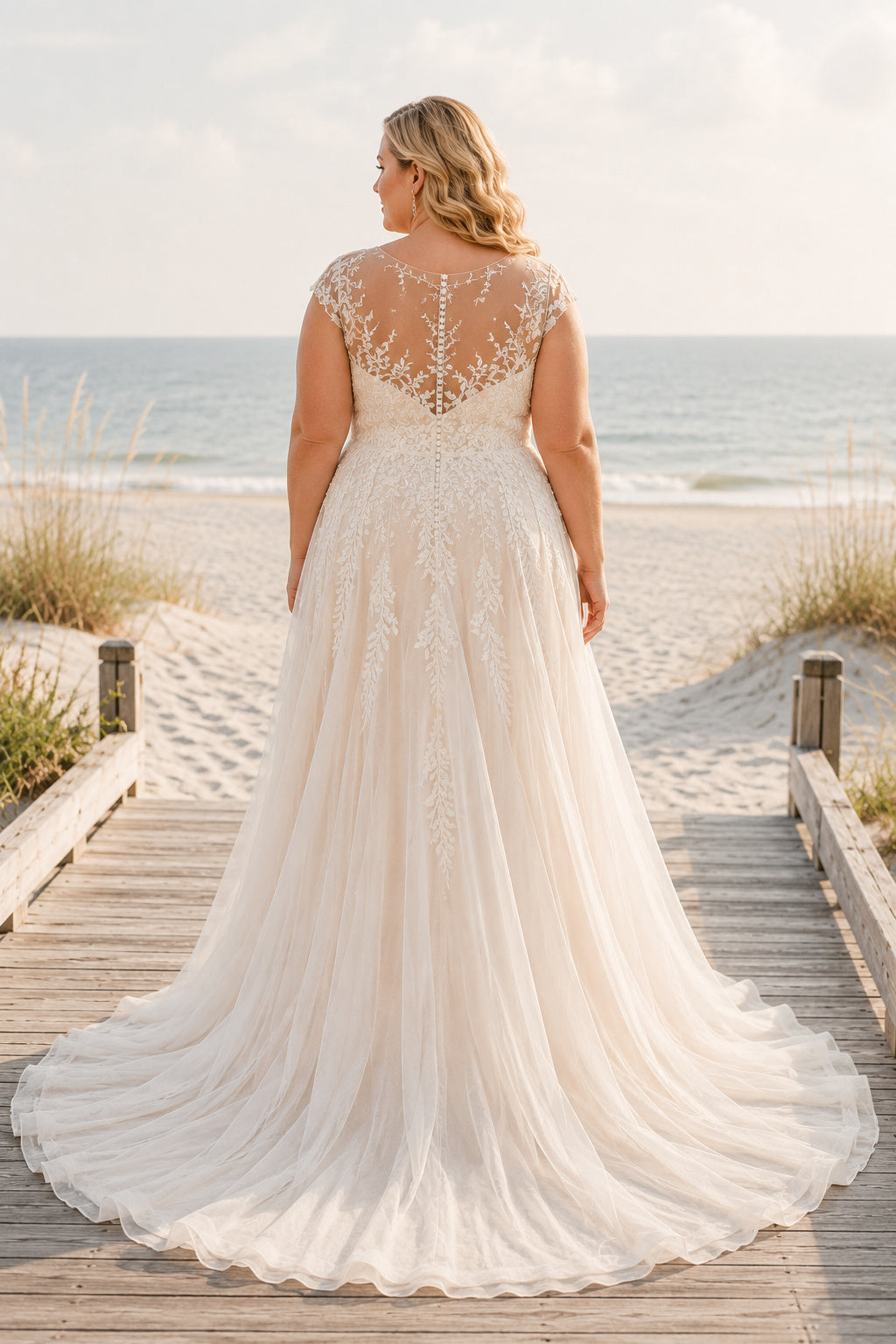 Plus Size Cap Sleeve V-Neck Lace A-Line Beach Wedding Dress back view