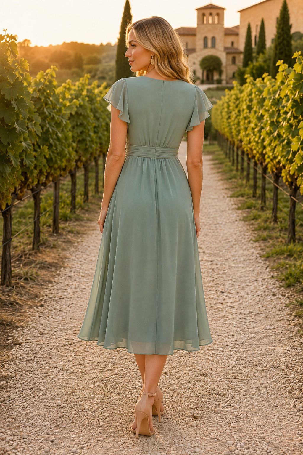 Dusty Rose Vineyard Wedding Guest Sheath Dress back view