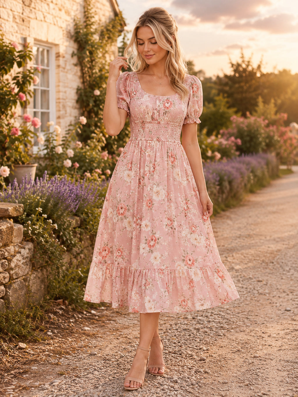 Pink Floral Smocked Waist Puff Sleeve Prairie Midi Dress front view
