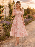 Pink Floral Smocked Waist Puff Sleeve Prairie Midi Dress front view