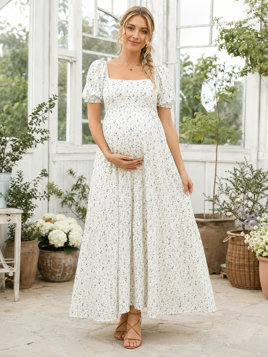 White Floral Maternity Square Neck Puff Sleeve A-Line Ankle Garden Dress front view