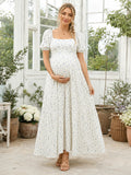 White Floral Maternity Square Neck Puff Sleeve A-Line Ankle Garden Dress front view