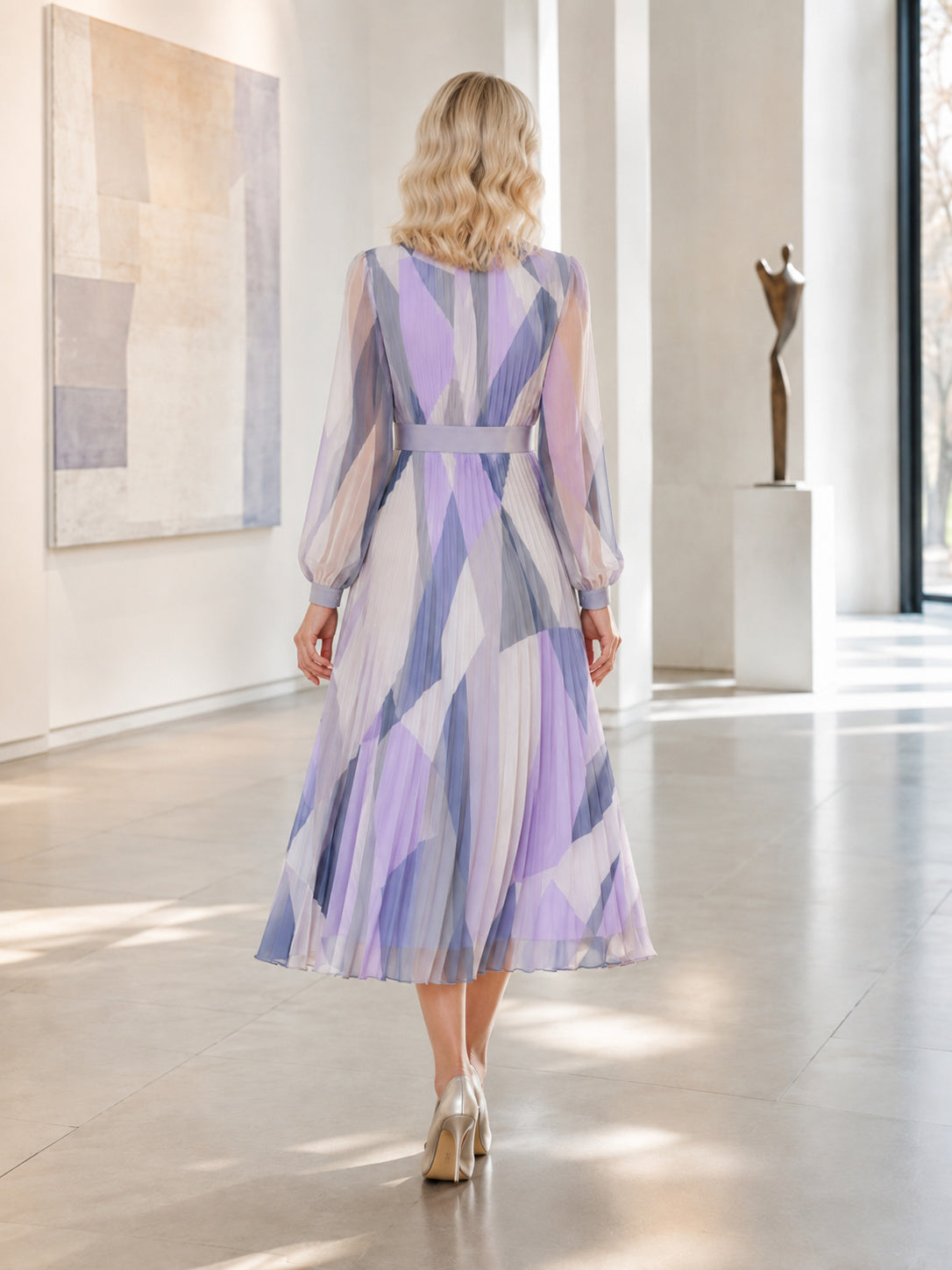Lavender Geometric Long Sleeve Chiffon Guest Midi Dress back view