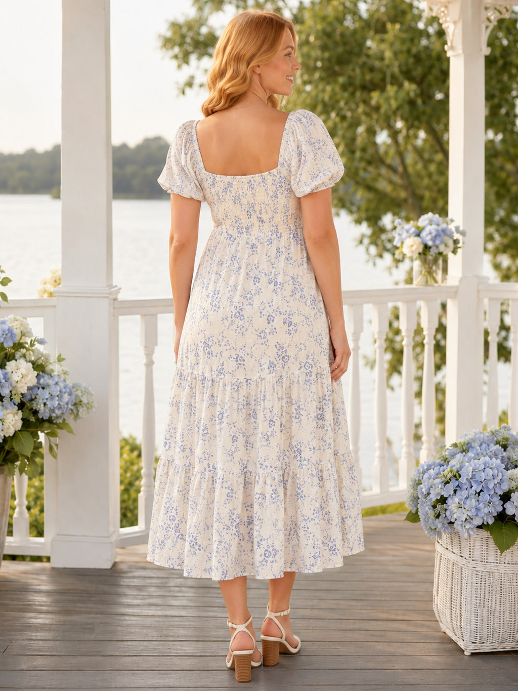 Ivory Blue Floral Bump Friendly Maternity Square Neck Puff Sleeve Tiered Tea Length Dress back view