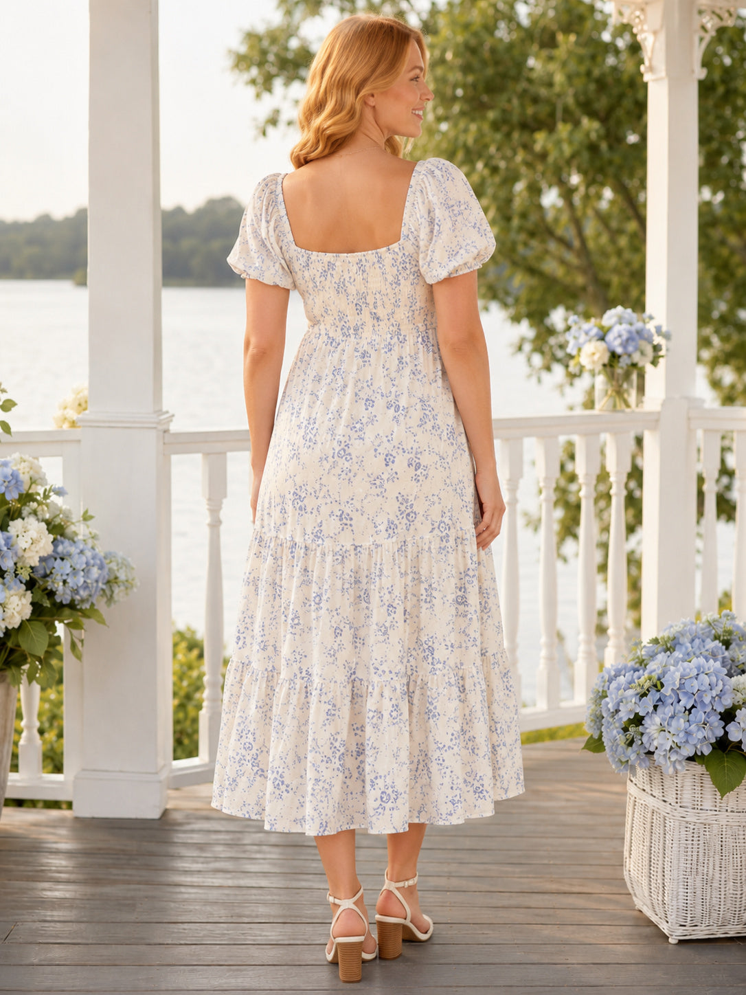Ivory Blue Floral Bump Friendly Maternity Square Neck Puff Sleeve Tiered Tea Length Dress back view