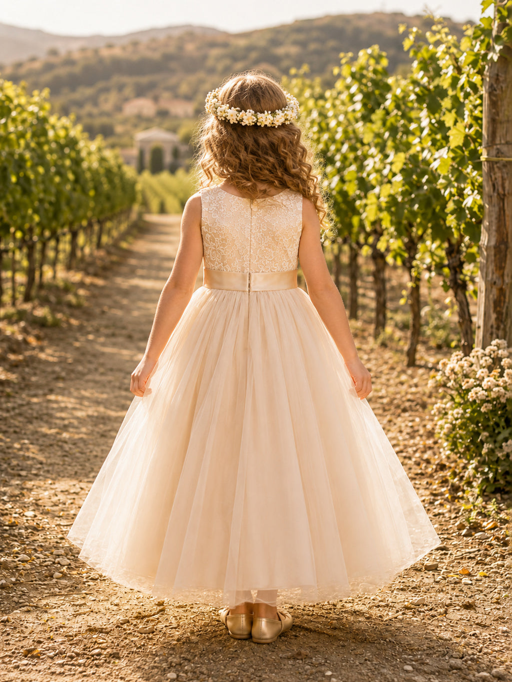 Flower Girl Dress Champagne Tulle A-Line Scoop Tea length Sash Detail back view