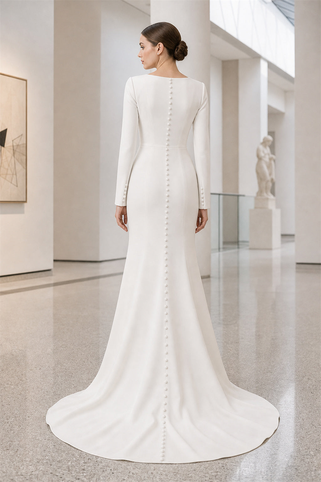 White Square A-Line Satin Floor-length Wedding Dress With Front Slit and Beaded Waist and Open Back