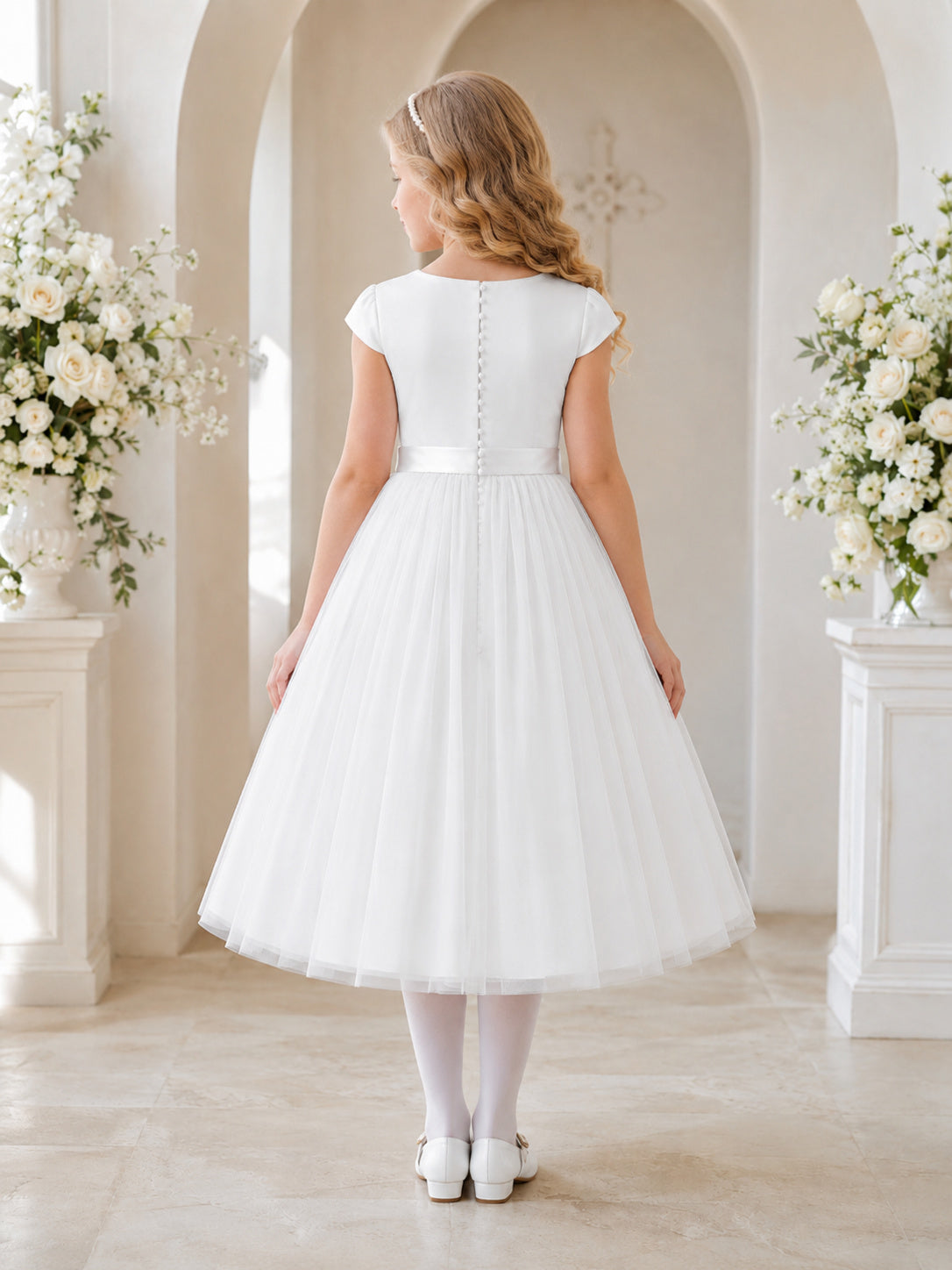 White Satin Tulle Jewel Neck Short Cap Sleeve Pearl Buttons Tea Length Communion Flowergirl Dress back view
