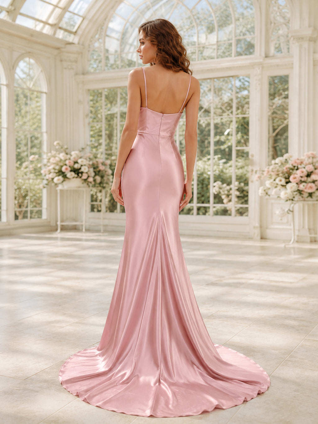 Blushing Pink Cowl Neck Spaghetti Satin Sheath Chapel Train Wedding Gown back view