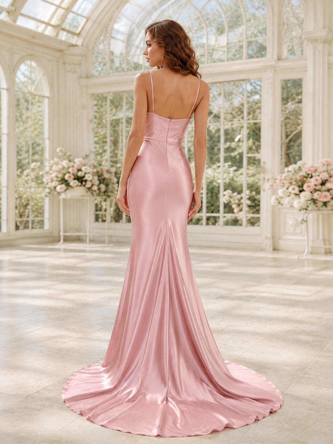 Blushing Pink Cowl Neck Spaghetti Satin Sheath Chapel Train Wedding Gown back view