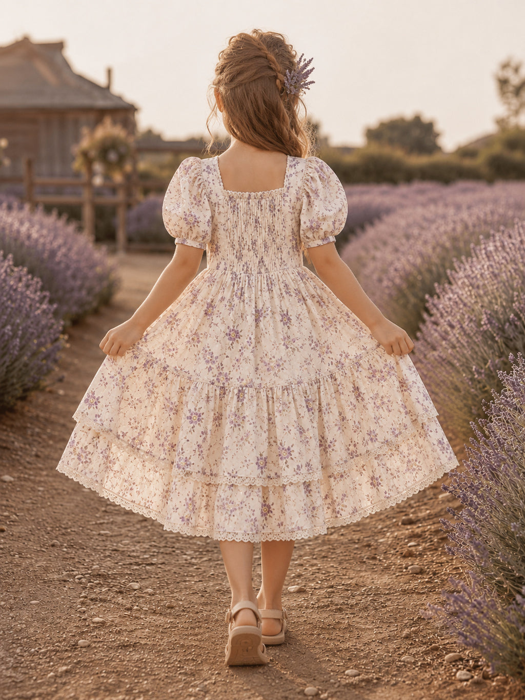 A-Line Flowergirl Floral Print Tulle Tea-Length Puff Sleeve Prairie Wedding Dress back view