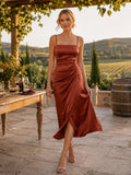 Papaya Rustic Vineyard Wedding Guest Bridesmaid Cocktail Formal Dress Sheath Tea-Length Spaghetti Strap Square Neck Sleeveles