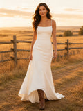 Minimalist Crepe Sheath Square Neck Spaghetti Strap Wedding Dress Simple Modern Elegant Sleeveless front view