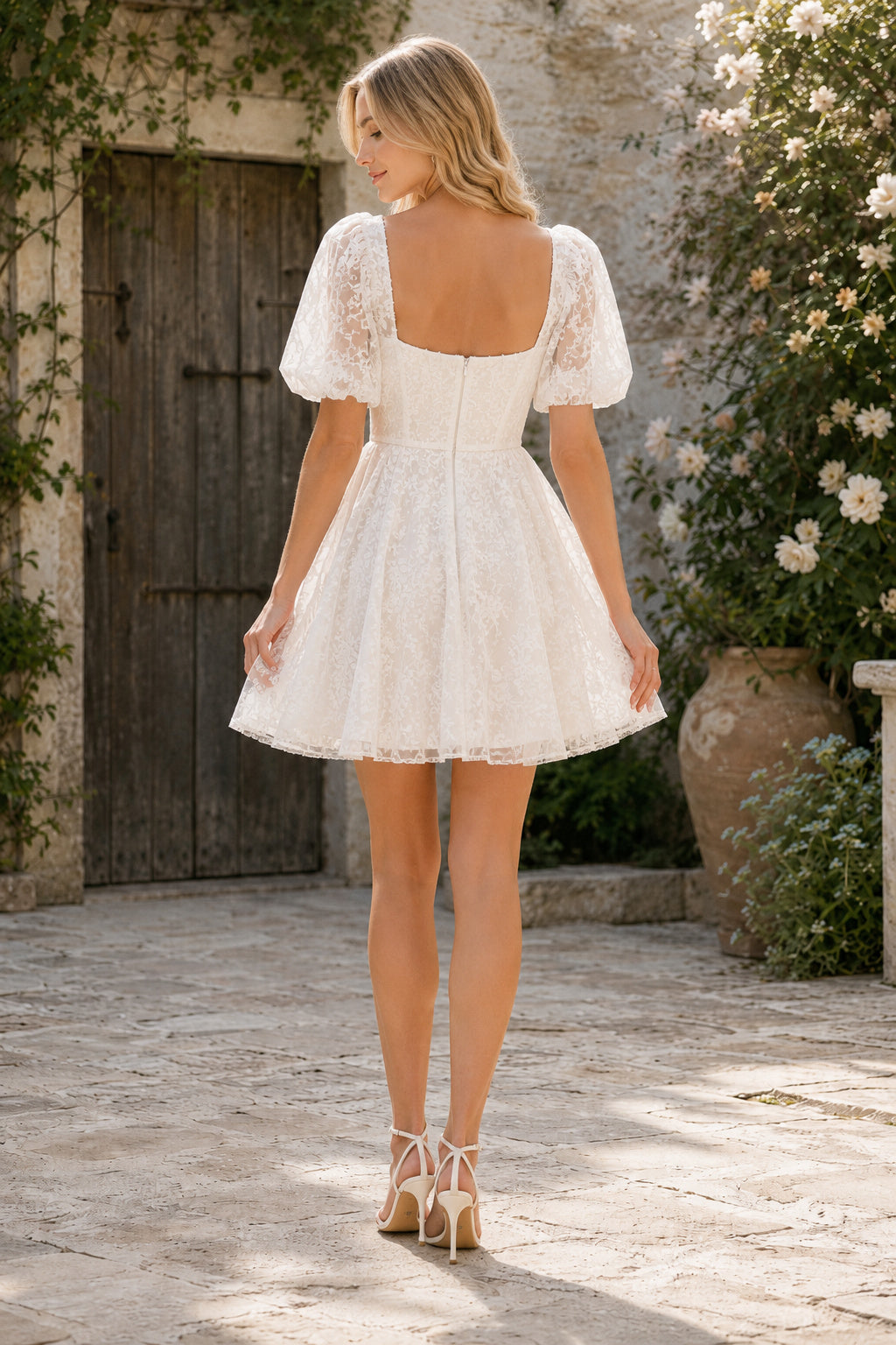 Ivory Square Neck Puff Sleeve Lace Mini Dress For Reception for Wedding Reception and Party back view