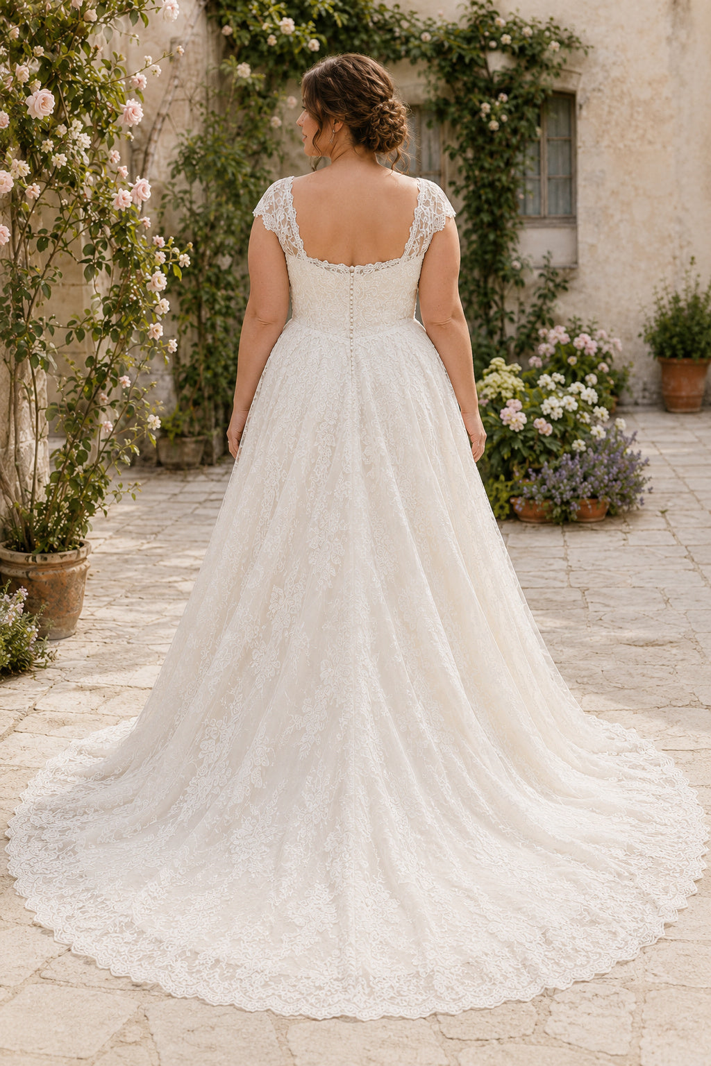 Ivory Plus Size Cap Sleeve Lace A-Line Wedding Dress with Square Neck and Soft Train back view