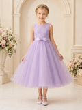 Lilac Bow Back Tulle A-Line Flower Girl Dress with Jewel Neck, Sleeveless, and Tea-length Skirt front view