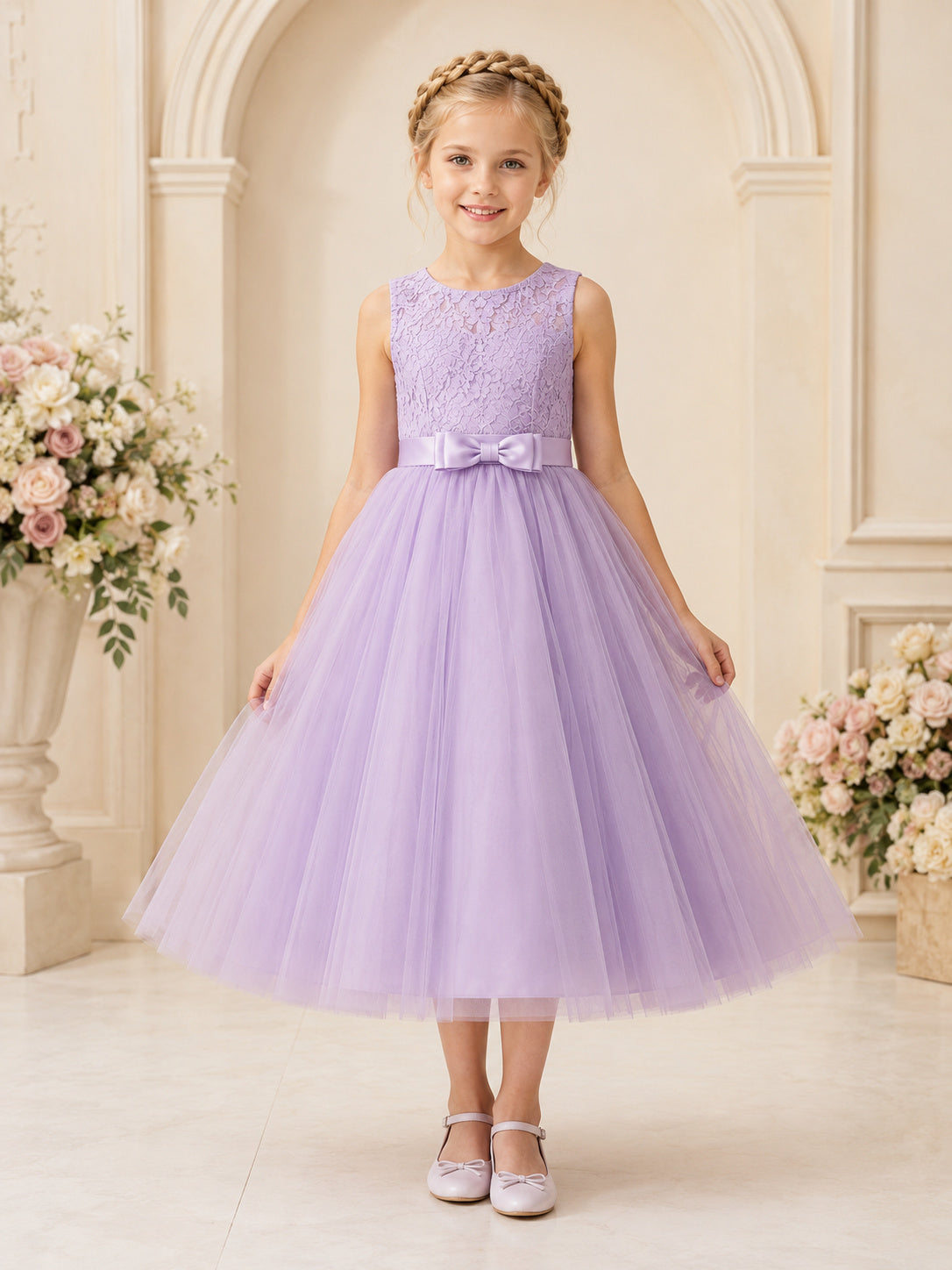 Lilac Bow Back Tulle A-Line Flower Girl Dress with Jewel Neck, Sleeveless, and Tea-length Skirt front view