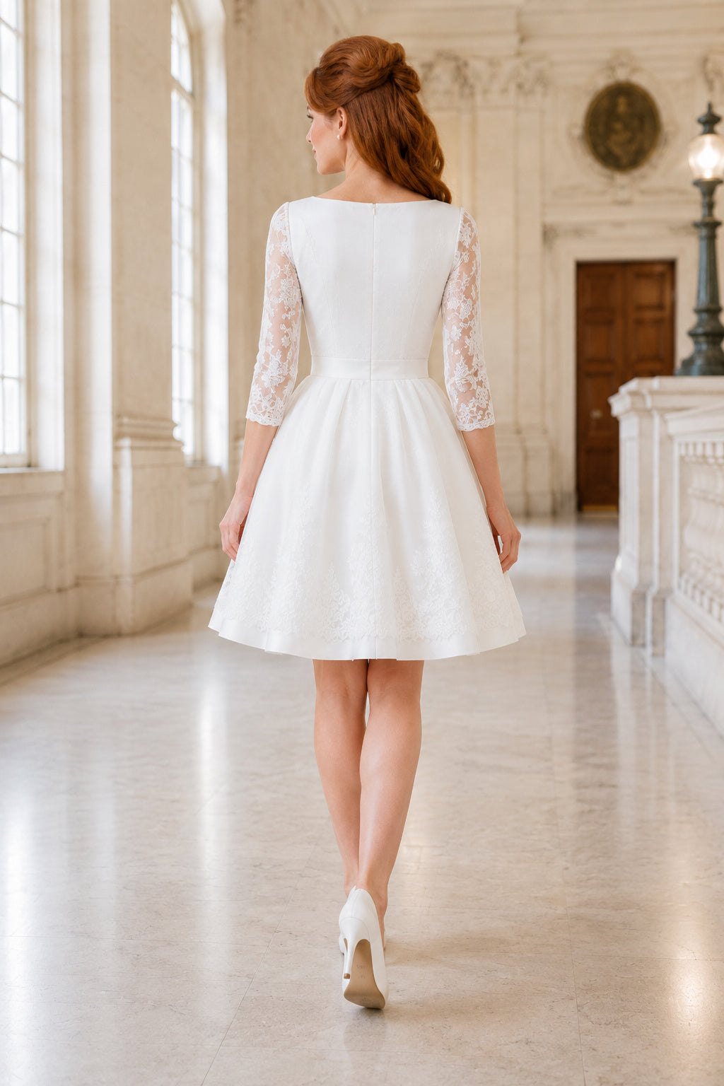 Simple Jewel Neck Satin Short Wedding Dress with Full Skirt back view