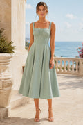 Sage Green Bridesmaid Guest Dress Chiffon A-Line Square Neck Tea Length front view