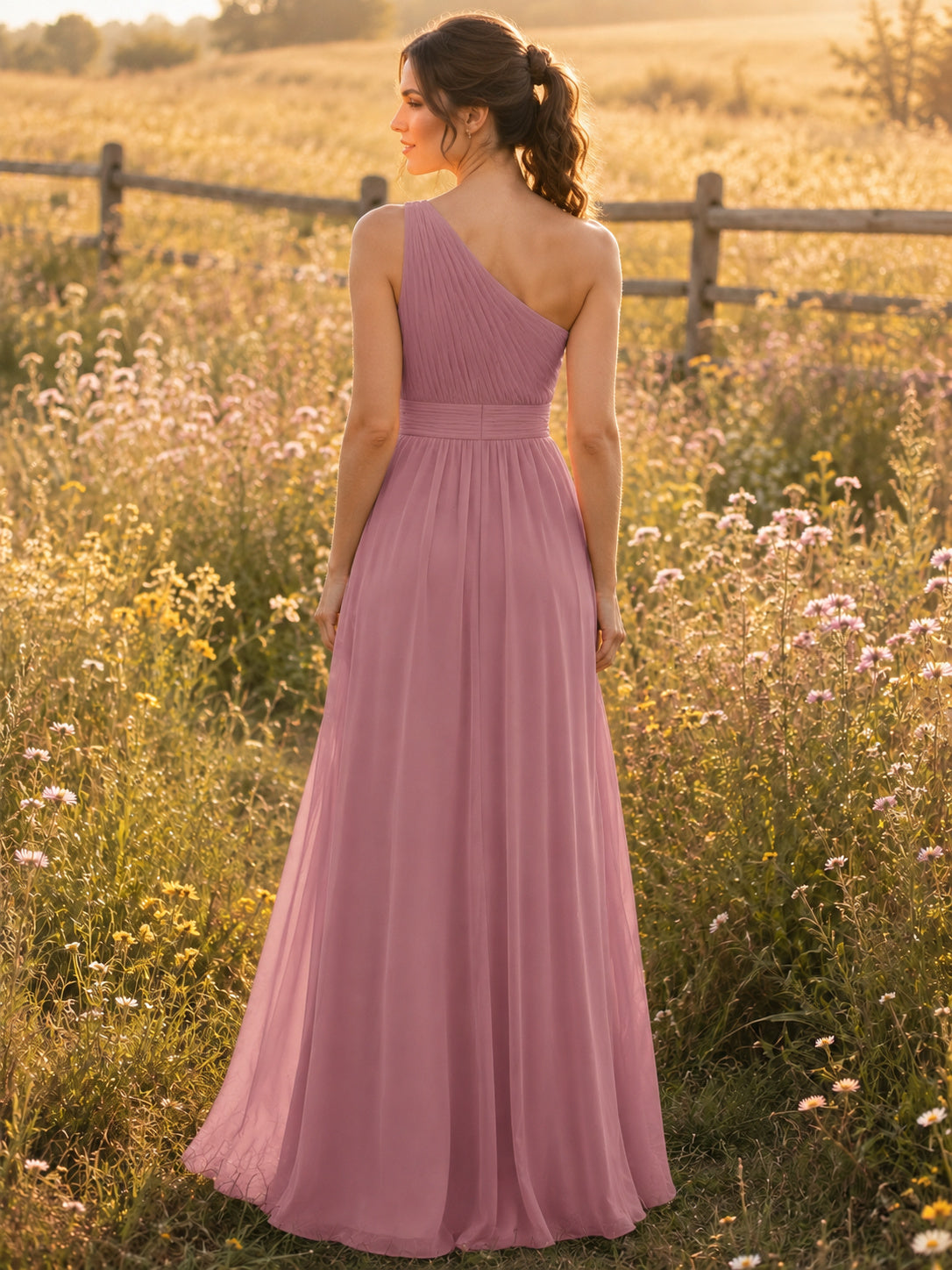 Mauve Chiffon A-Line One-Shoulder Sleeveless Pleated Open Back Floor-Length Bridesmaid Dress back view
